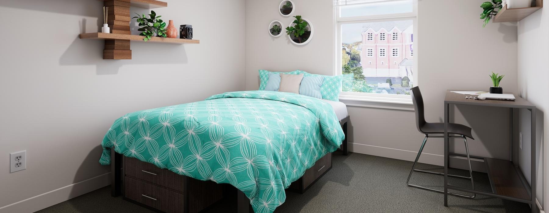 a bedroom with desk