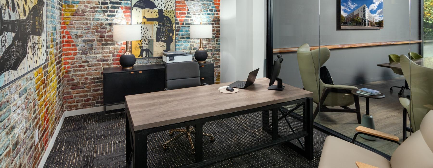leasing office with colorful brick walls