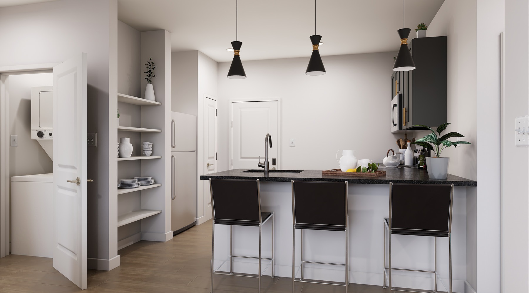a kitchen with a counter and stools